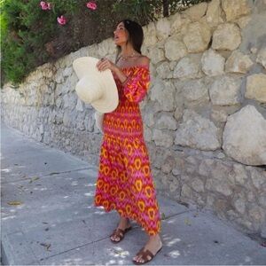 Zara Pink and Yellow Printed Off-Shoulder Midi Dress